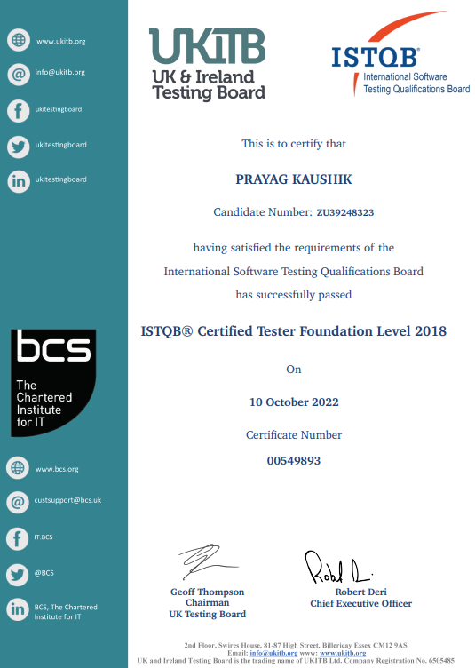 ISTQB Certified Tester Foundation Level Certificate - Prayag Kaushik